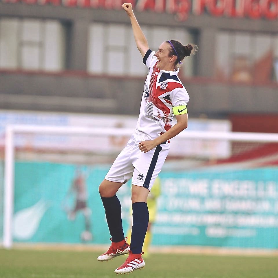 Claire Stancliffe celebrates a goal for Great Britain's Deaf Women's football