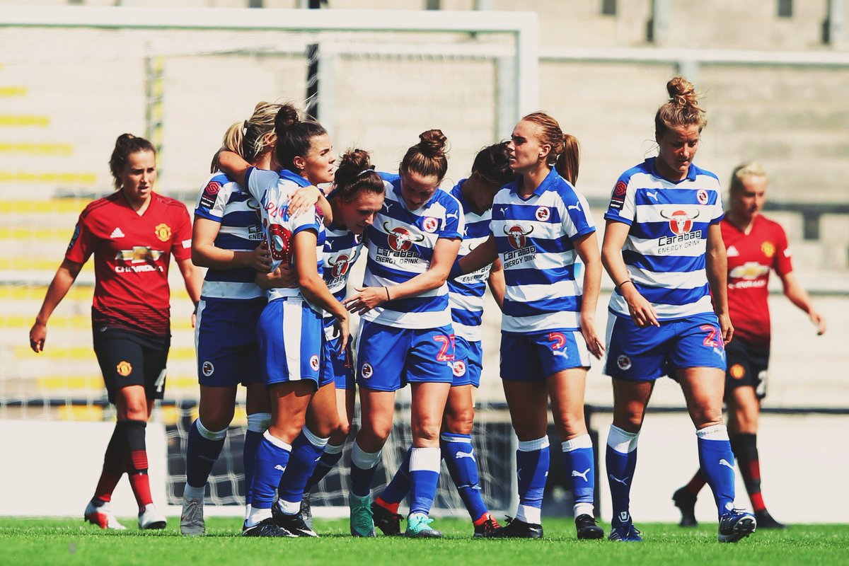 Reading Women celebrate scoring against Manchester United Women in the Conti Cup back in August.