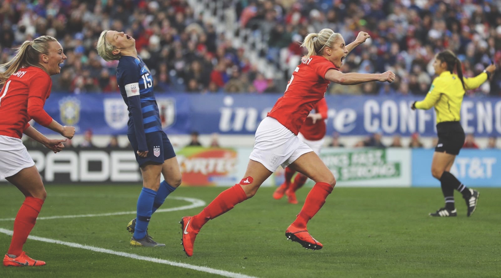 Steph Houghton celebrates scoring against the USA in the She Believes Cup. Photo from @StephHoughton2