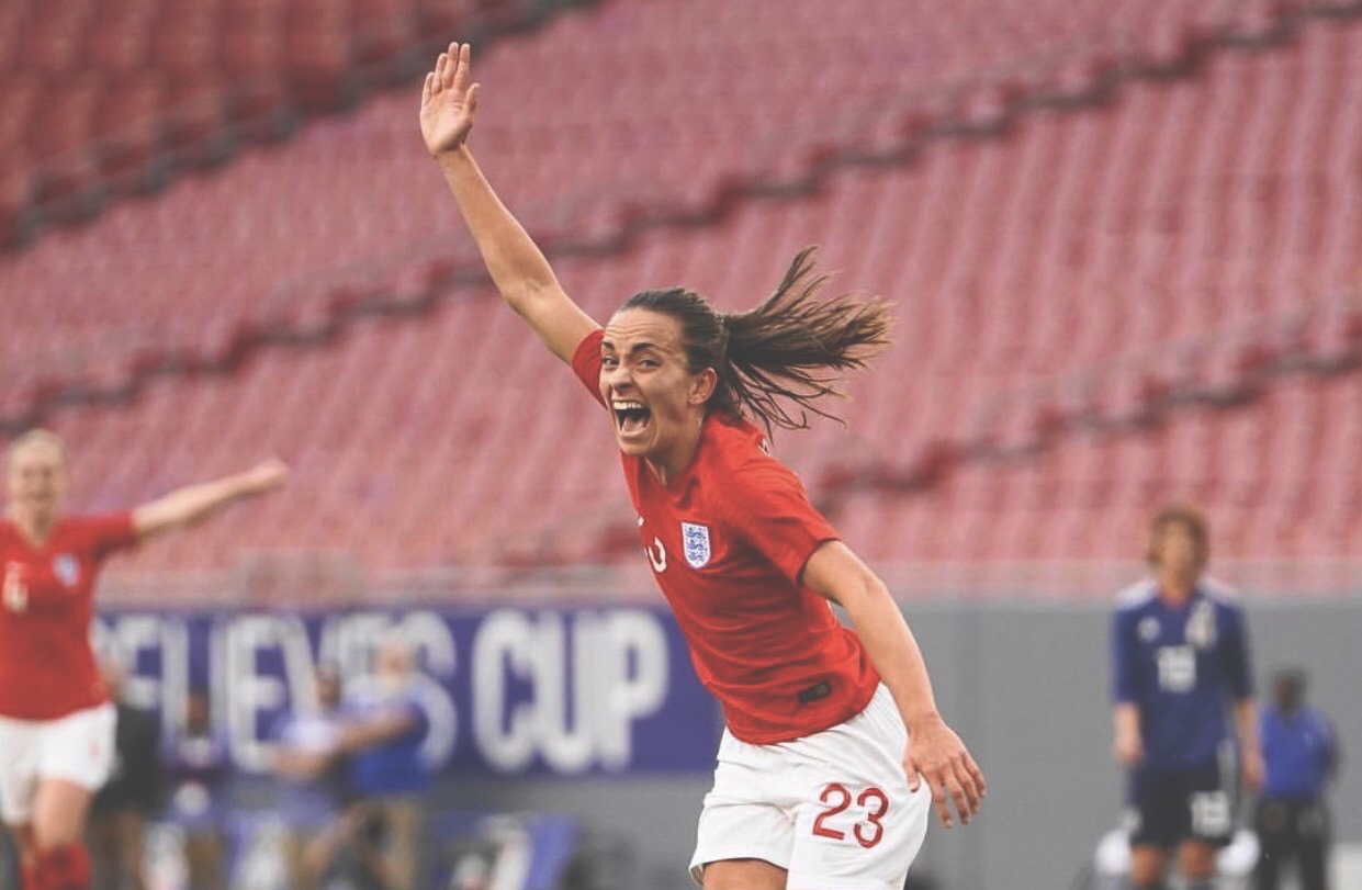 Staniforth embracing her inner Shearer after scoring for England. Photo from @LStan37