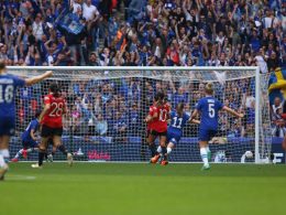 Chelsea celebrate at Wembley after Sam Kerr scores against Manchester United